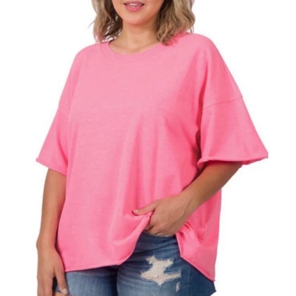ZENANA 
Oversized Raw Edge Drop Shoulder Top - Picture 3 of 9